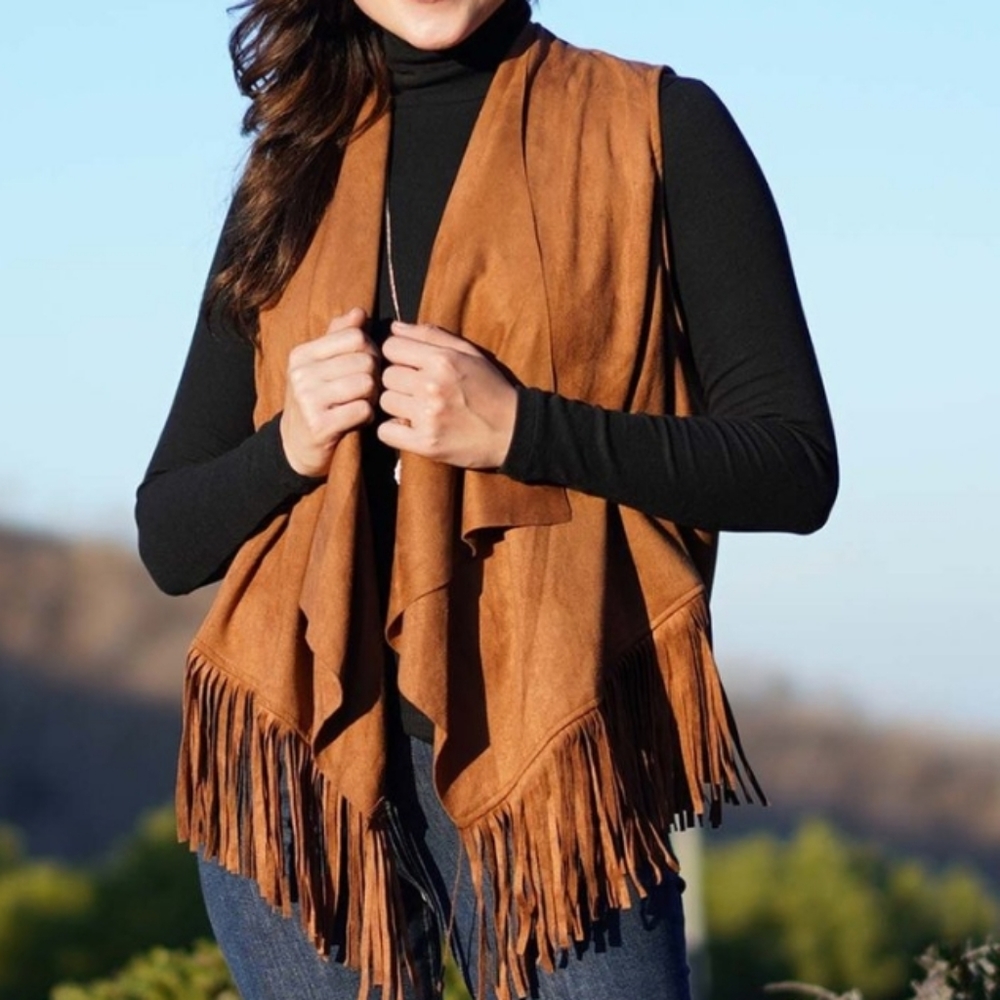 Camel Fringe-Trim Drape-Front Open Cardigan